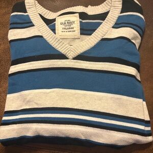 Old Navy Men's V-Neck Sweater in Blue and Black Stripes